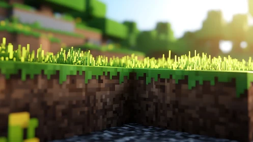 Voxel grass plateau in warm sunrise depth of field scene.