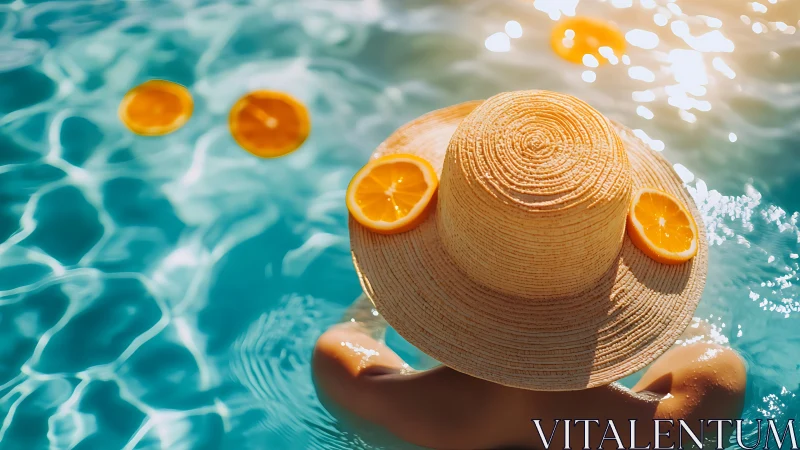Citrus halo hat drifting in sunlit turquoise poolscape.