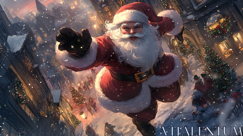 Dynamic digital painting of Santa in snowy street perspective.