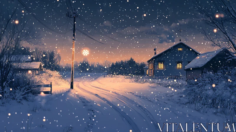 Snow-covered rural lane with warm-lit cottage at dusk.