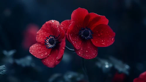 Red Poppies with Water Droplets Against Dark Background.