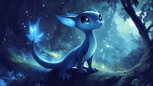 Bioluminescent blue creature rendered in a nocturnal forest