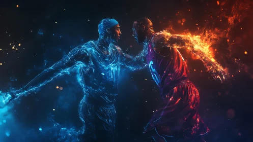 Opposed fire and ice basketball players confront mid drive