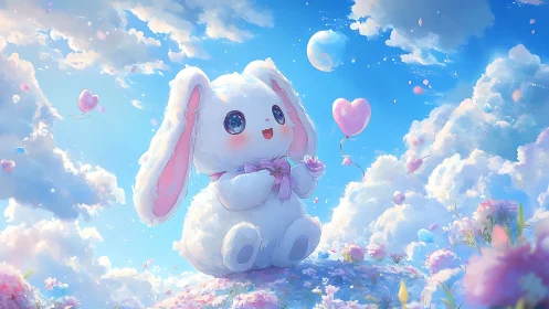 Fluffy bunny holds heart balloon under radiant cloud sky