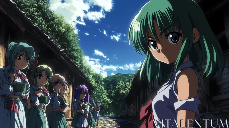 Sunlit rural lane with uniformed anime schoolgirls in profile