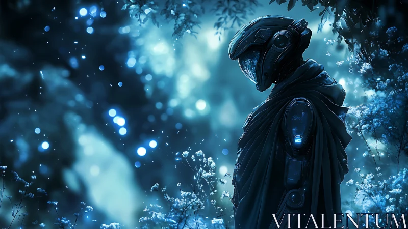 Armored humanoid figure stands in blue illuminated foliage