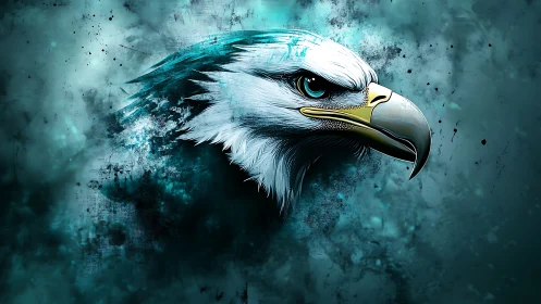 Majestic Bald Eagle Digital Portrait in Abstract Blue Tones.