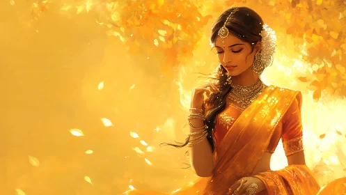 Elegant Indian Woman in Golden Sari Surrounded by Autumn Leaves.