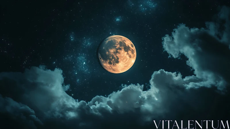 Luminous full moon framed by stratocumulus clouds at night