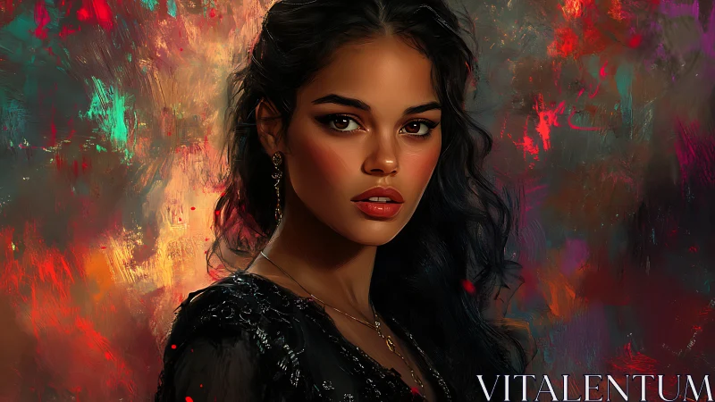 Portrait of a luminous woman amid fiery abstract colors.