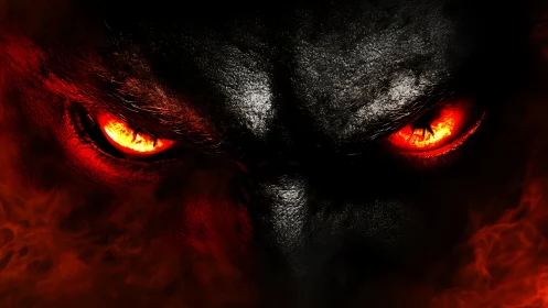 Glowing red demonic eyes in close frontal composition.