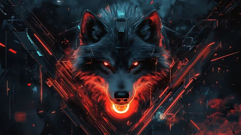 Cyberwolf glow in neon night, stalking through electric haze.