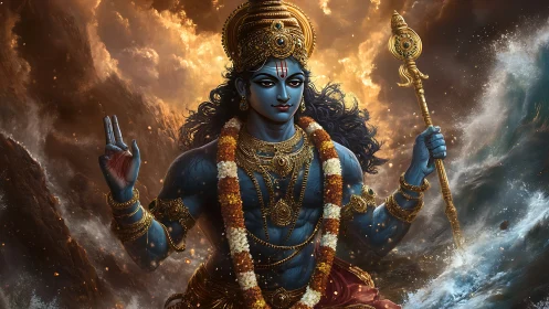 Blue-skinned deity figure with trident amid stormy ocean.