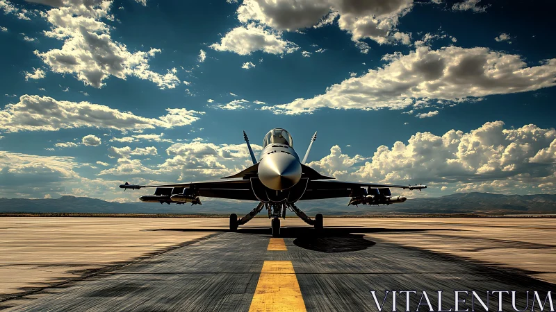 Fighter jet on runway under dramatic cloud filled sky.