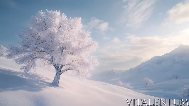 Solitary frost-covered tree on sunlit rolling snowfields