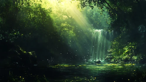 Waterfall cascades through verdant forest canopy bathed in radiant light.