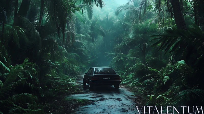 Solitary black sedan cuts through dense emerald rainforest
