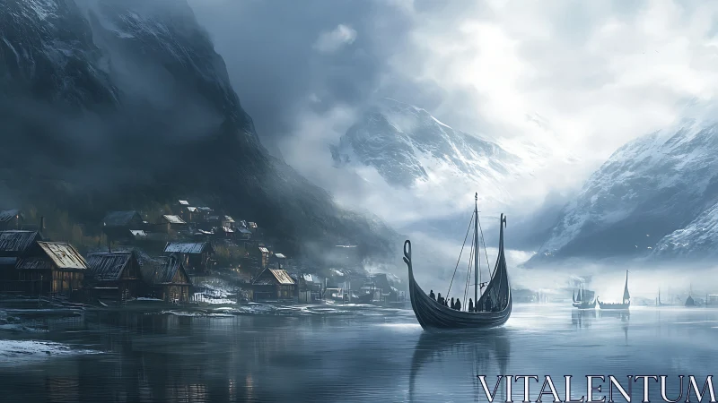 Viking longships crossing misty fjord toward snow village.