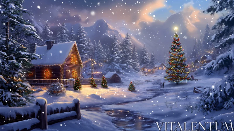 Snowy mountain village with glowing Christmas tree at dusk.