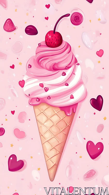 Swirled Romance: Strawberry Ice Cream Cone with Heart-Scattered Backdrop.