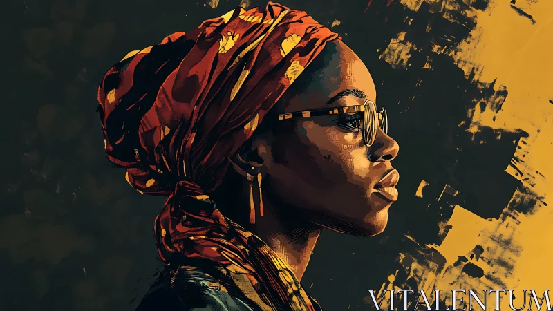 Headwrap muse in amber shadows and brushstroke quiet.