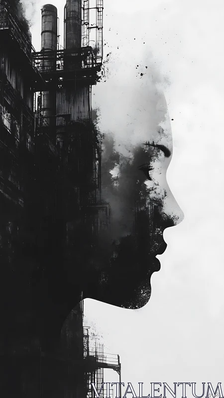 Industrial silhouette merges human profile with rising smoke