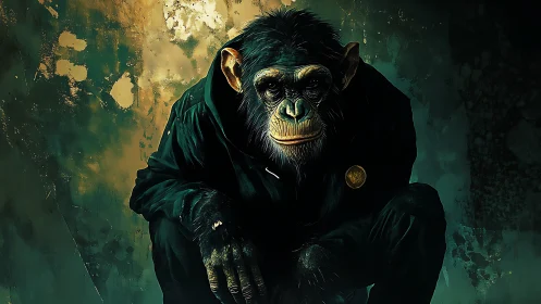 Chimpanzee figure in dark clothing sits against textured wall