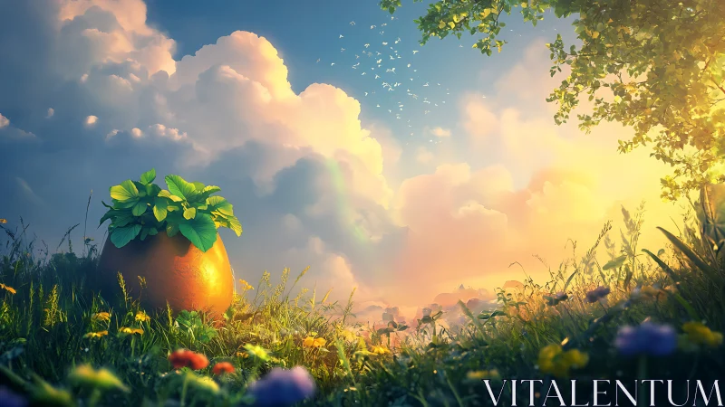 Volumetric sunrise illuminates potted foliage in stylized meadow