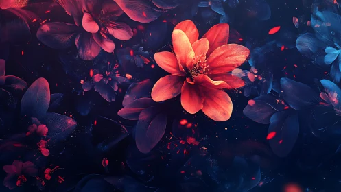 Crimson Blossom Ignites Against Midnight Chaos in Luminous Garden