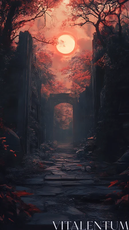 Ruined stone path recedes under blood-red foliage and eclipsed sun
