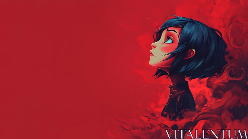 Blue haired girl gazes upward within swirling red haze