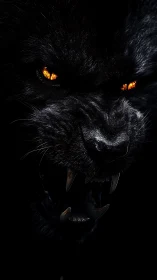 Savage black panther emerges with blazing amber eyes.