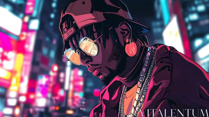 Neon-drenched street poet in mirrored city lights. Period.