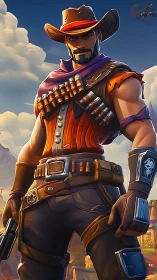 Stylized gunslinger stands ready under vibrant desert sky.