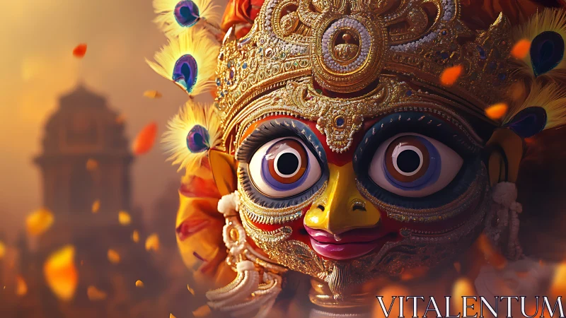 Ornate festival mask glows amid swirling petals at dusk.