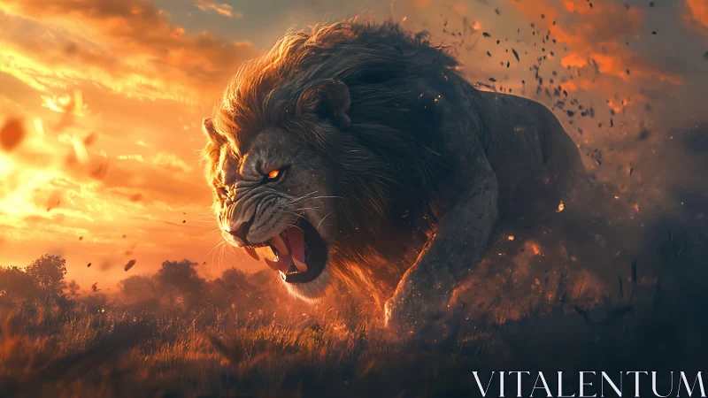 Roaring lion charges through fiery savanna at blazing dusk