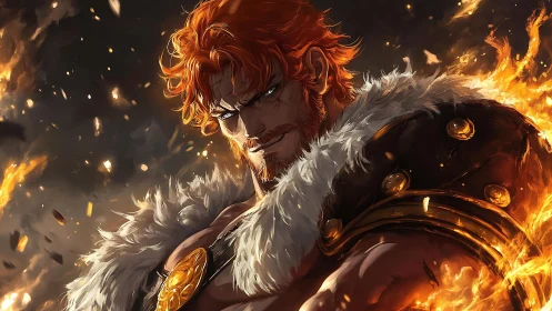 Fiery armored warrior with fur cloak in burning light.
