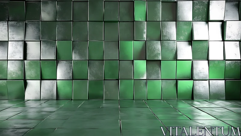 Green metallic tiled wall and floor with reflective cubes.