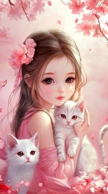 Girl holding white kittens under soft pink blossoms.