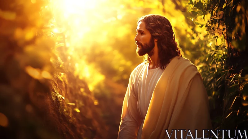 Golden light surrounds a serene robed figure walking in nature