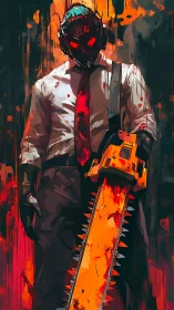 Chainsaw killer stands in blazing neon bloodstorm.