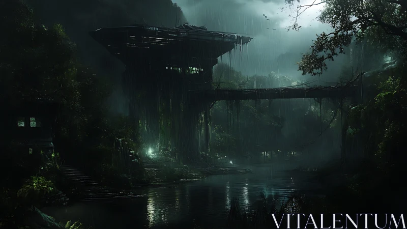 Rain-soaked elevated structure in overgrown river valley.