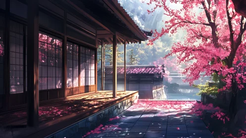 Traditional wooden veranda beside blooming cherry trees.