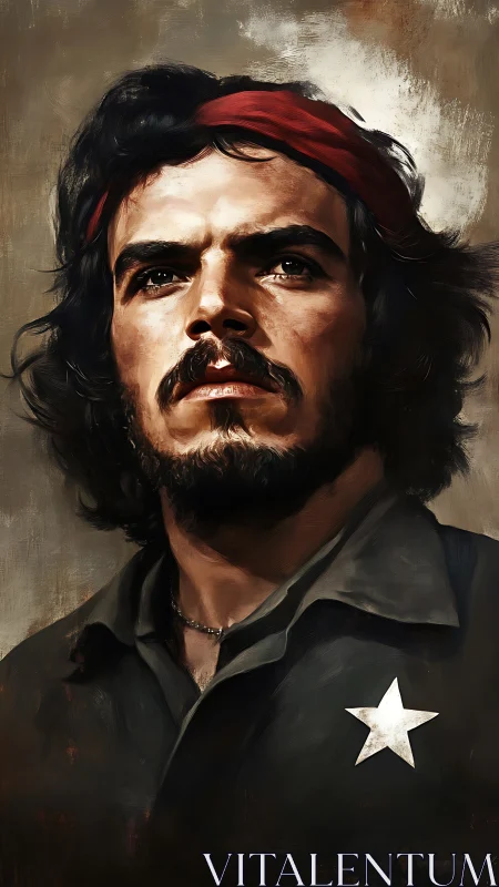 Heroic bust portrait of bearded man with red headband, star badge