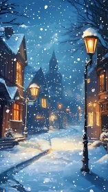 Snowy village street glows under warm winter lamplight