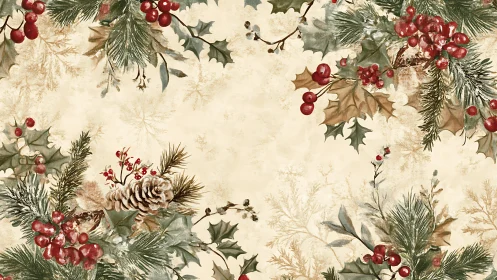 Holiday botanical border with pine, holly and red berries.