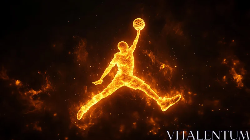 Silhouette of basketball player in fiery jump motion outline.