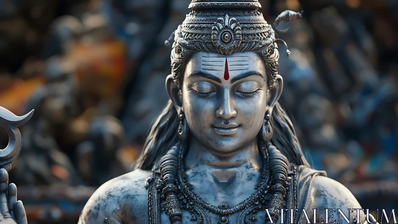 Serene silver statue of Shiva with detailed ornaments.