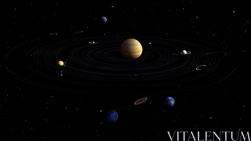 Planetary system diagram with orbits on black star field.