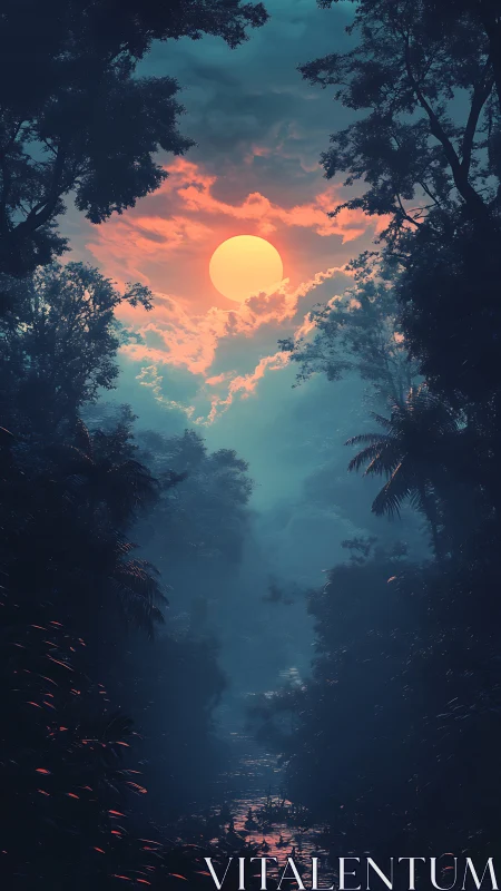 Nocturnal jungle ravine under neon-hued atmospheric moonlight